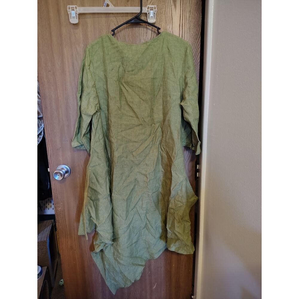 Bryn Walker Green Linen Dress tunic Asymmetrical Hem Lagenlook MidSleeve Loose M - Picture 8 of 11